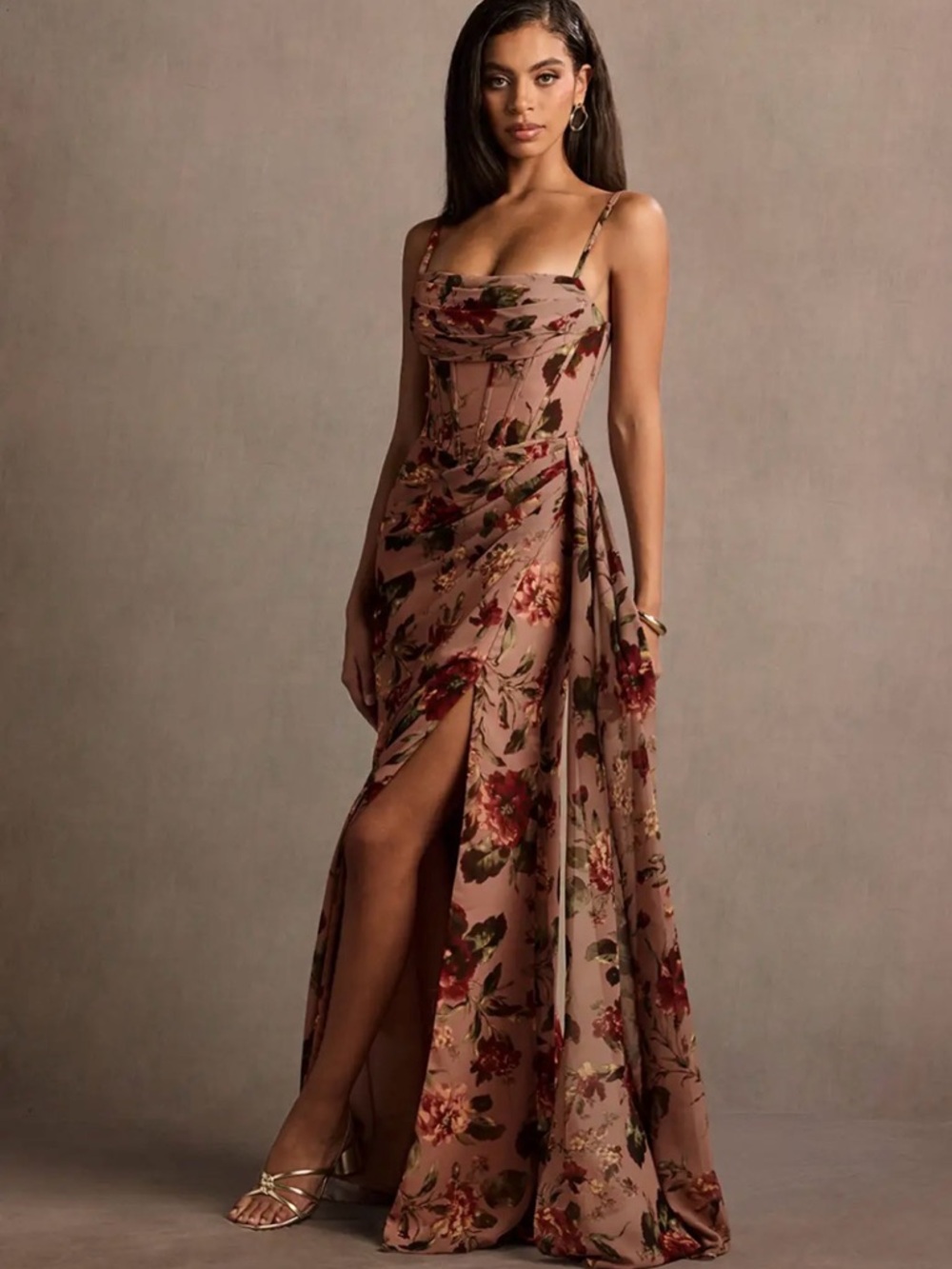 Azazie Strapless Floral Maxi Dress in Dusty Rose and Burgundy